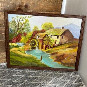 Vintage Rustic Land Scape Water Mill Original Painting Signed original frame